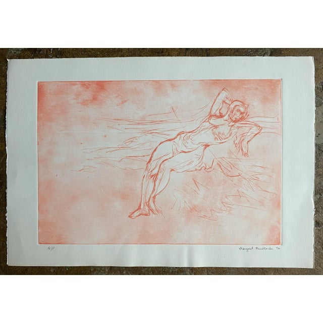 Reclining female nude etching in pink by Margaret Friedlander. Pencil signed, dated and noted as artist's proof.