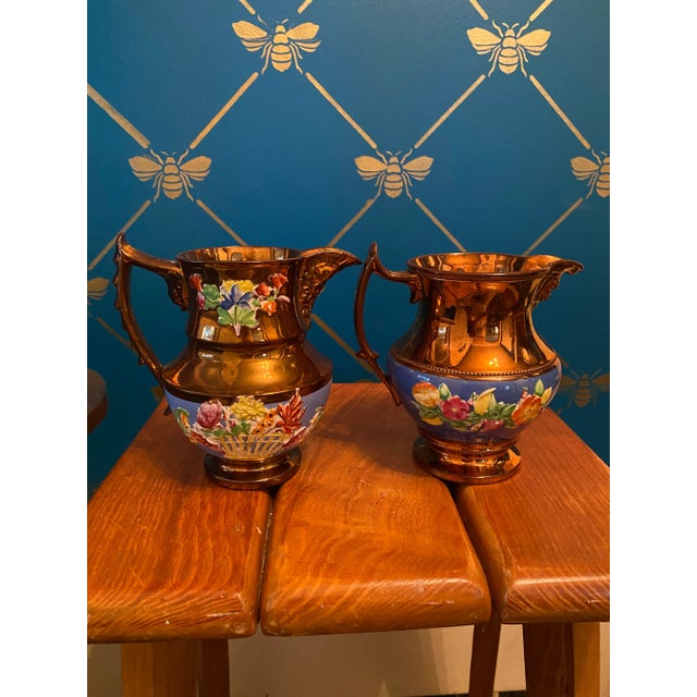 French Antique 1800s French Lusterware Jersey Pitchers - Set of 2 For Sale - Image 3 of 12