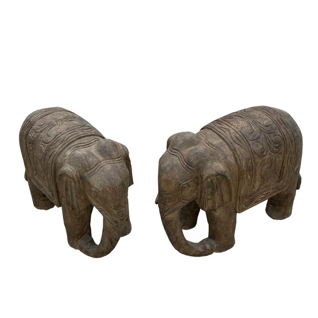 Art Deco Chinese Distressed Brown Gray Stone Fengshui Elephant Statues - a Pair For Sale - Image 3 of 8