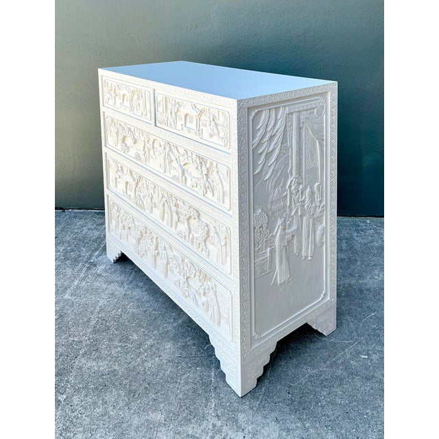 White Vintage Todd Hase Asian Carved Relief Chest of Drawers For Sale - Image 8 of 12