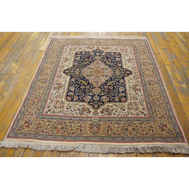 1960s Navy Medallion Vintage Persian Tabriz Rug 3'10" X 4'4" Signed by Tabatabai Silk Highlight Carpet For Sale - Image 9 of 9