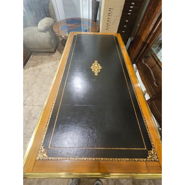 Wood French Louis XV Style Bureau Plat Desk With Leather Top and Brass Edging For Sale - Image 7 of 13