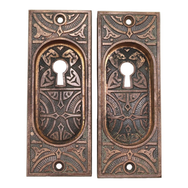 Pair of Antique 5.187 In. Eastlake Bronze Pocket Door Pulls For Sale