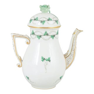 Porcelain Coffee Pot with Lid and Green Leaf Decoration from Herend, Hungary For Sale