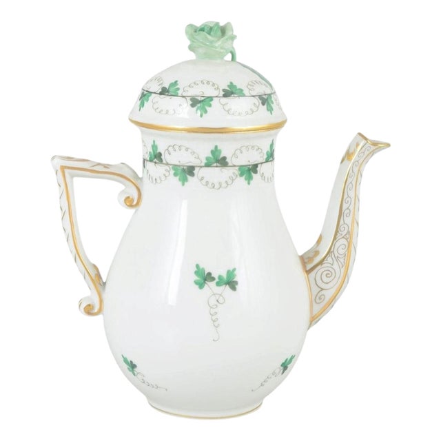 Porcelain Coffee Pot with Lid and Green Leaf Decoration from Herend, Hungary For Sale
