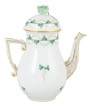 Porcelain Coffee Pot with Lid and Green Leaf Decoration from Herend, Hungary
