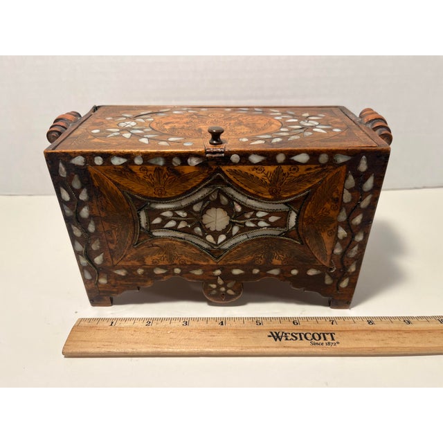 Antique 19th C. Moroccan Wooden Hand Crafted Mother of Pearl and Copper Dowry Box For Sale - Image 11 of 13