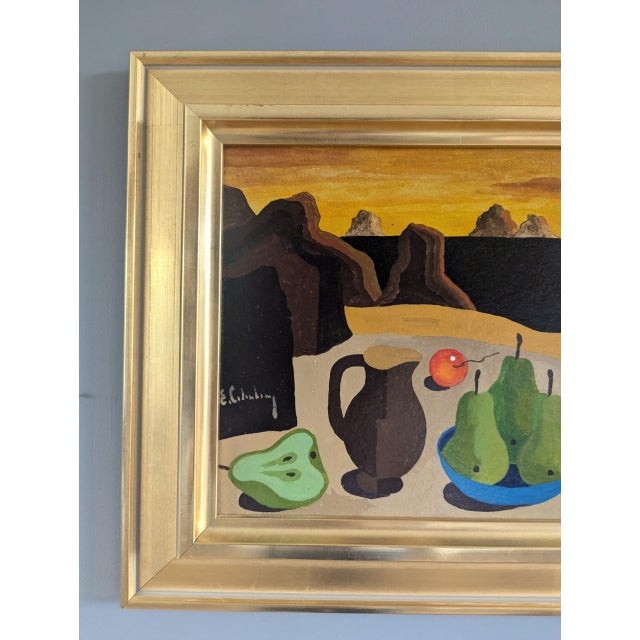 Brown Vintage 'Surrealist Still Life' Original Still Life Landscape Tempera Painting by Swedish Artist Eric Cederberg (1897-1984), Framed For Sale - Image 8 of 12