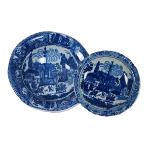 20th Century Flow Blue Victoria Ware Ironstone Bowl & Shallow Pedestal Set- 2 Pieces