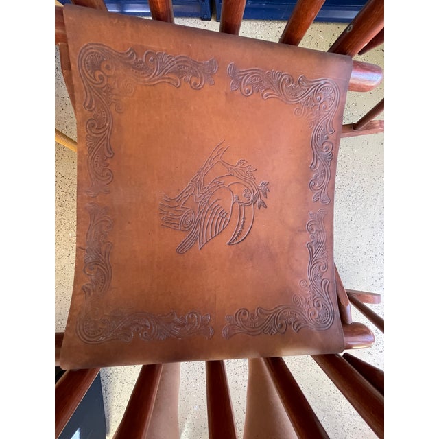 Vintage Costa Rican Embossed Leather Folding Rocking Chair A beautifully crafted vintage folding rocking chair featuring...