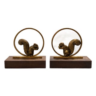 Art Deco French Gilded Bronze and Rosewood Squirrel Bookends, 1930, Set of 2 For Sale