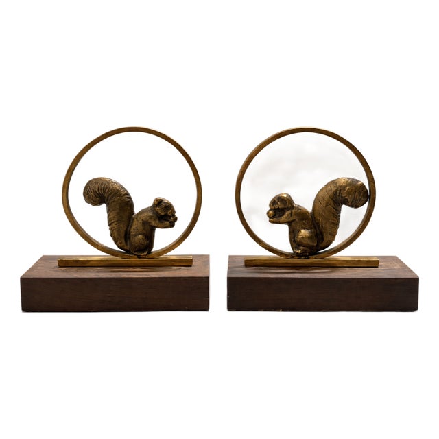 Art Deco French Gilded Bronze and Rosewood Squirrel Bookends, 1930, Set of 2 For Sale