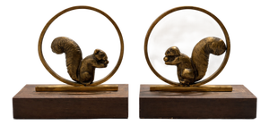 Art Deco French Gilded Bronze and Rosewood Squirrel Bookends, 1930, Set of 2