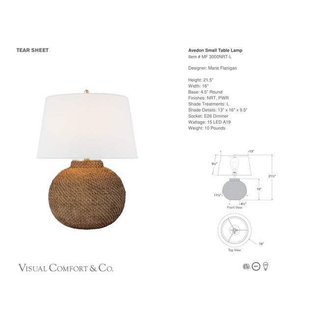 Marie Flanigan by Visual Comfort Signature Avedon Small Table Lamp in Natural Rattan with Linen Shade Designer: Marie...