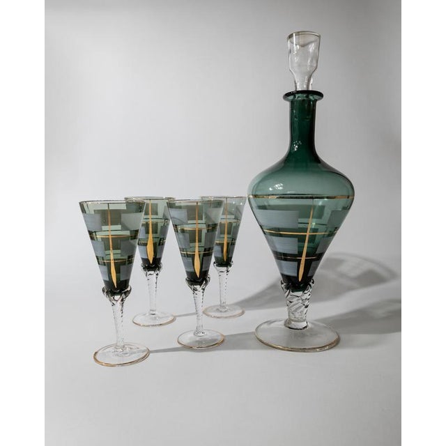 Vintage Italian Blue Murano Glass Liqueur Decanter Glasses with Hand Painted Gilt Details, 1950s, Set of 5 For Sale - Image 15 of 15