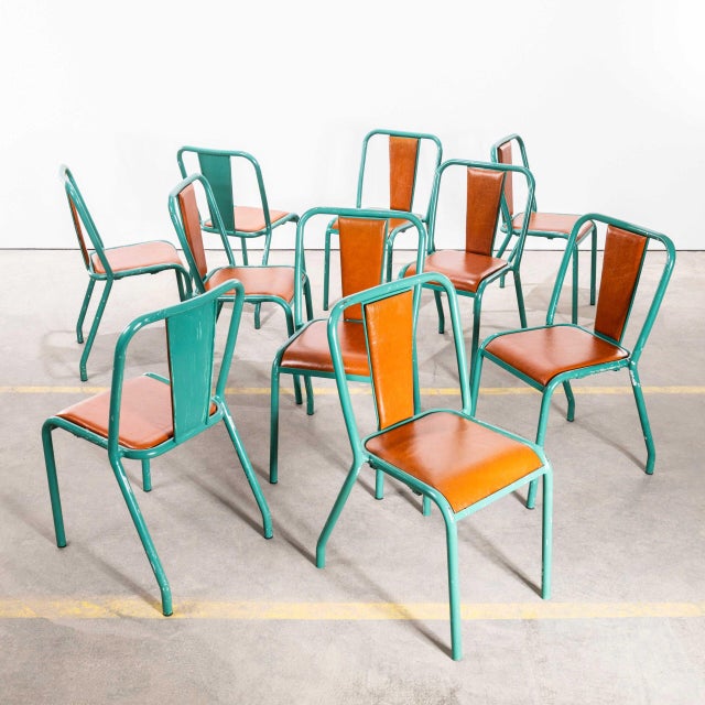1950s Tan Rexine T37 Dining Chairs with Sea Green Frames from Tolix, 1950s, Set of 10 For Sale - Image 5 of 13