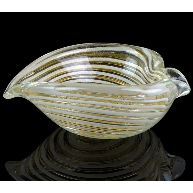 Mid-Century Modern Vintage Murano Barovier Toso Gold Flecks White Swirl Italian Art Glass Heart Ashtray Dish Bowl For Sale - Image 3 of 11