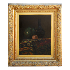 Leo Nardus Early 20th Century Naturalistic Still Life Painting of Jugs and a Carpet, Early 20th Century