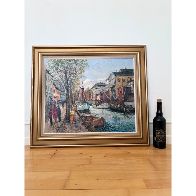 Vintage Original Oil Painting of a Canal Cityscape, Circa 1970s - Signed For Sale - Image 14 of 17