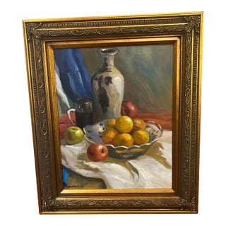 20th Century European School Impressionist Oil on Artist Board Tabletop Still Life Vase and Fruits Framed Signed For Sale