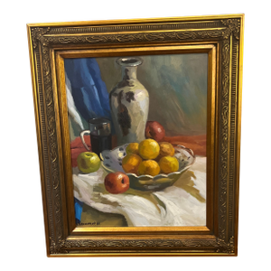 20th Century European School Impressionist Oil on Artist Board Tabletop Still Life Vase and Fruits Framed Signed