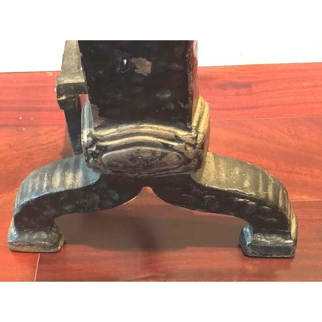 Antique Mission Arts Crafts Enameled Cast Iron Brass Industrial Hammered Fireplace Andiron Set For Sale - Image 4 of 7
