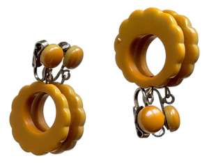 Vintage 1940s Mustard Yellow Bakelite Dangle Earrings With Scalloped Edge, A Pair