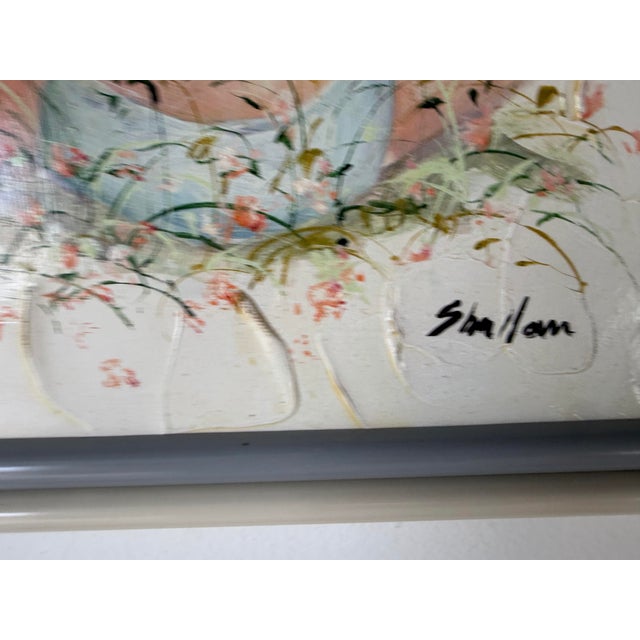 1980s Vintage Shallom Two Girls Impressionist Textured Oil on Board Painting, Framed For Sale - Image 9 of 12