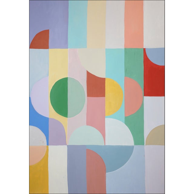 2026, Bauhaus Geometric Triptych Painting in Vivid Pastel Tones, Chromatic Deco Radiance, Acrylic Paint on Watercolor Paper For Sale - Image 4 of 11