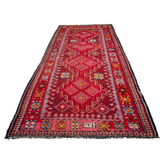1940s 1940s Antique Turkish Rug Kilim Handmade Wide Runner - 4′11″ X 12′5″ For Sale - Image 5 of 17