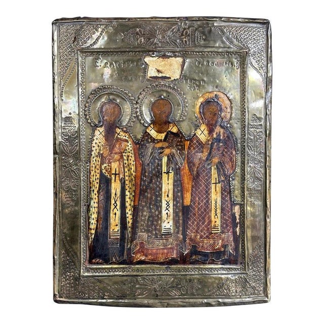 Antique Orthodox Icon with 3 Saints on Gilded Tempera Wooden Board For Sale - Image 10 of 10