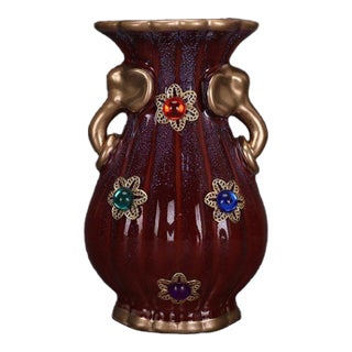 1960s Oxblood Red Fluted Ceramic Vase With Gilt Elephant Head Handles and Jewel Inlays For Sale