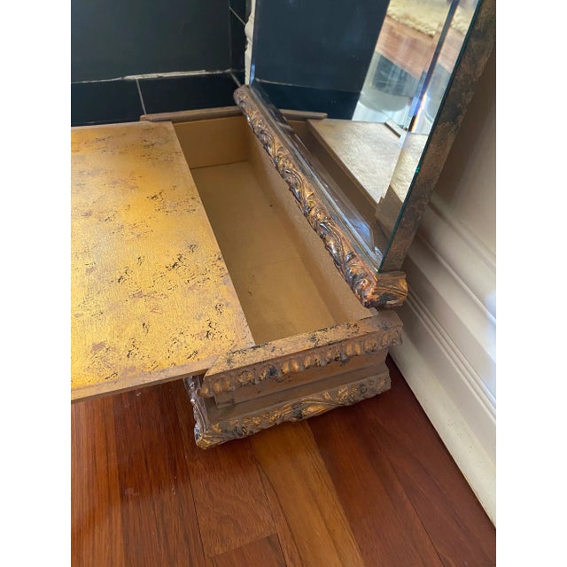 Gold Vintage French Hollywood Regency Gilt Beveled Mirror With Slide Out Cabinet For Sale - Image 8 of 10