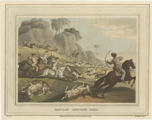 Howitt, Tartars Hunting Deer in Russia, 1813, Hand-Colored Print