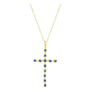 Skinny Sapphire Cross Necklace .50cttw 14k Yellow Gold For Sale