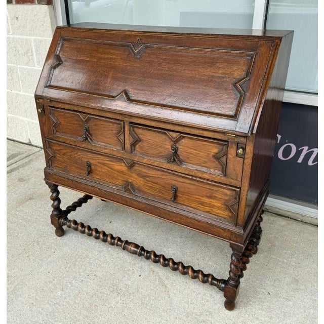 C1900 Oak Barley Twist Secretary Desk For Sale - Image 4 of 12