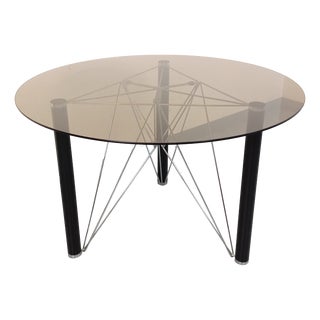 Vintage Round Dining Table in Smoked Glass with Black Metal and Chrome Metal, 1980s For Sale