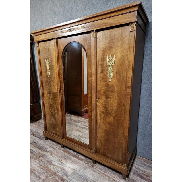 Large Antique Mahogany Wardrobe with Mirror – Empire Style / 20th Century Superb antique mahogany wardrobe in the Empire...