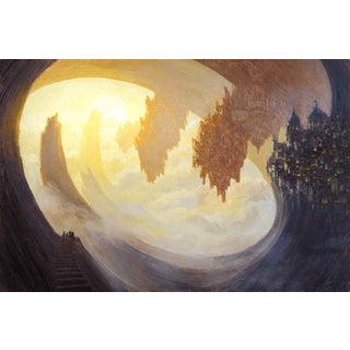 Caverns of Kryllian by Christopher Clark | Oil Painting of a surreal cavern landscape with structures For Sale