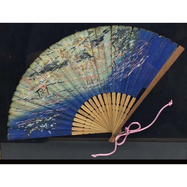 Japanese Pair Vintage Japanese Framed Hand Painted Paper Fans on Bamboo For Sale - Image 3 of 5