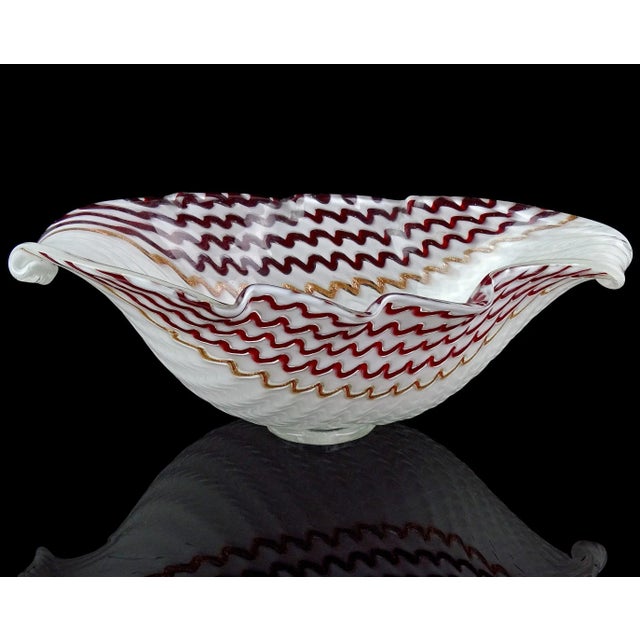 Beautiful vintage Murano hand blown white, red and copper aventurine Italian art glass centerpiece footed bowl. Documented...