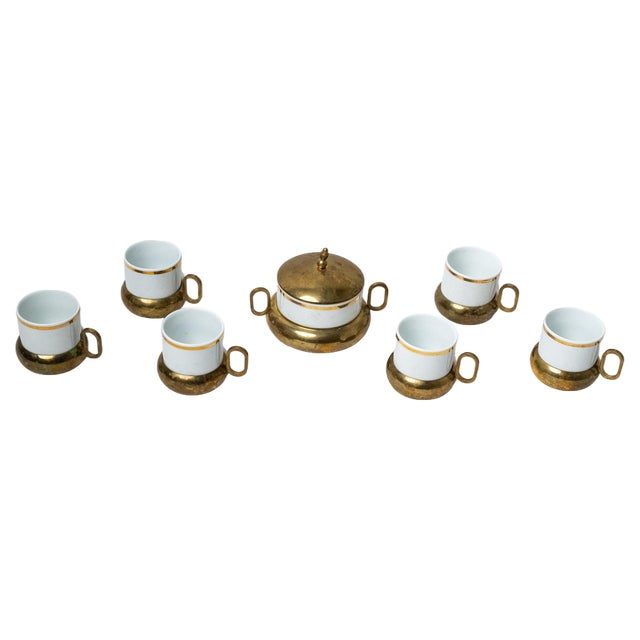 Porcelain and Brass Coffee Set, 1910s, Set of 7 For Sale
