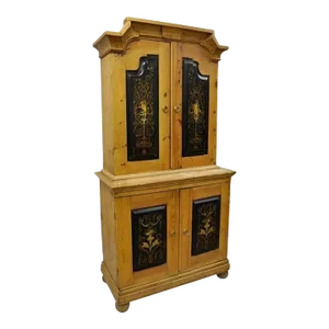 19th Century Antique Country French Neoclassical Putti Painted Pine Cupboard Cabinet Hutch