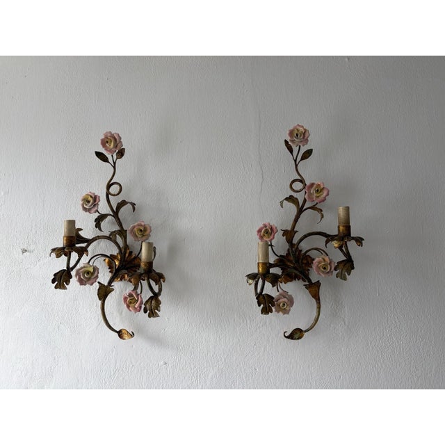 Heavy Wrought Iron Roses Pink Yellow Gilt Italian Sconces, C 1900 For Sale - Image 4 of 9