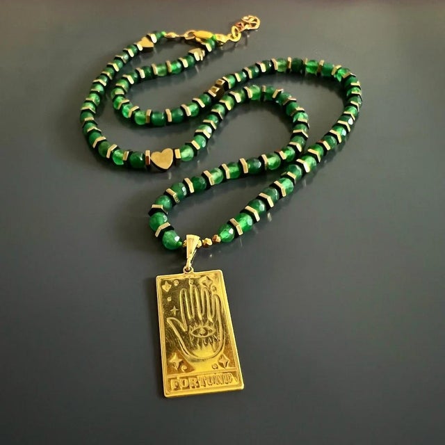 Tarot Good Fortune Gold Pendant Green Beaded Necklace For Sale - Image 4 of 11