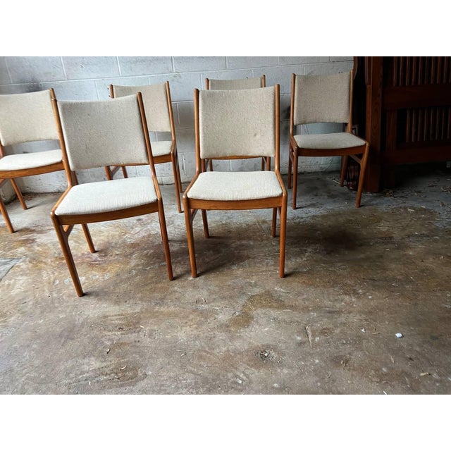 Set of 6 Mid Century Modern Danish Teak Dining Chairs by D-Scan Sturdy and comfortable Original fabric Approximate...