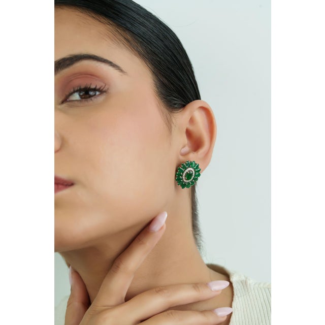 Green Contemporary Emerald & Diamond Floral Stud Earrings in 14k White Gold- A Pair For Sale - Image 8 of 12