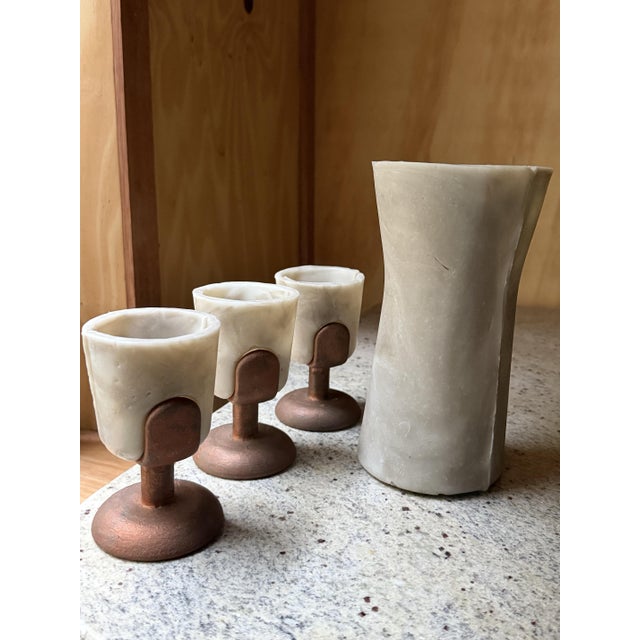 Vintage Brutalist Barware Set with Hand-Molded Capa Carafe and Vessels with Copper Bases, Set of 4 For Sale - Image 9 of 12
