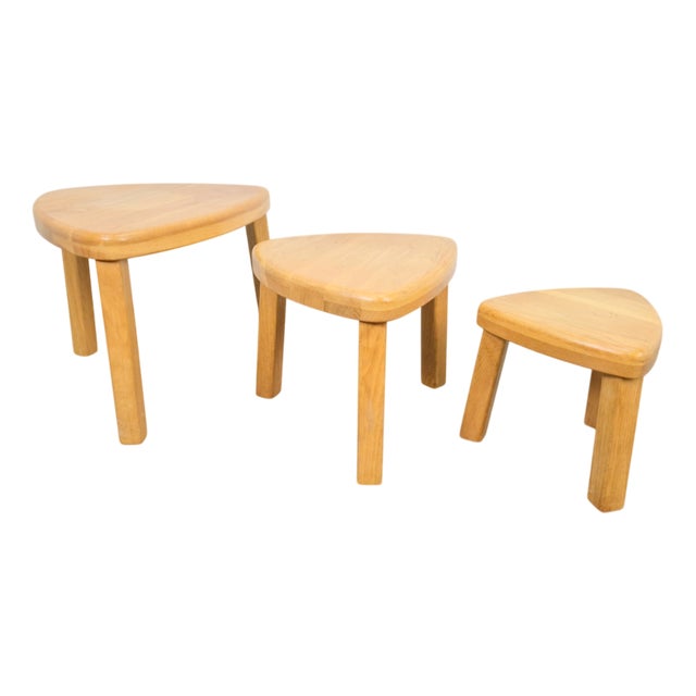 Sculptural Traingular Nesting Tables in Oak by Pierre Chapo, 1970s, Set of 3 For Sale