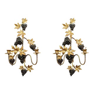 Mid 20th Century Pair of Tole Grape Motif Wall Sconces For Sale